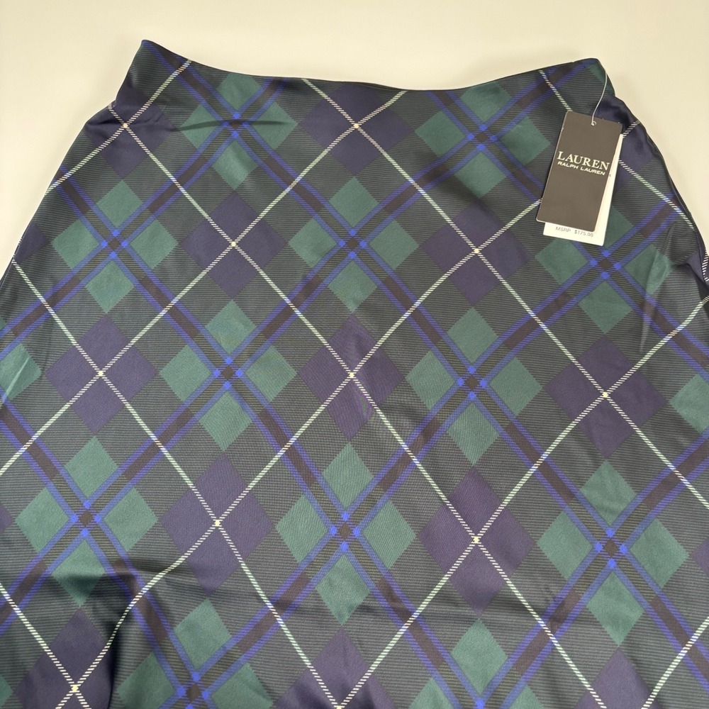 Lauren Ralph Lauren Womens 4 Blue Green Plaid Satin Charmeuse Midi Skirt NEW